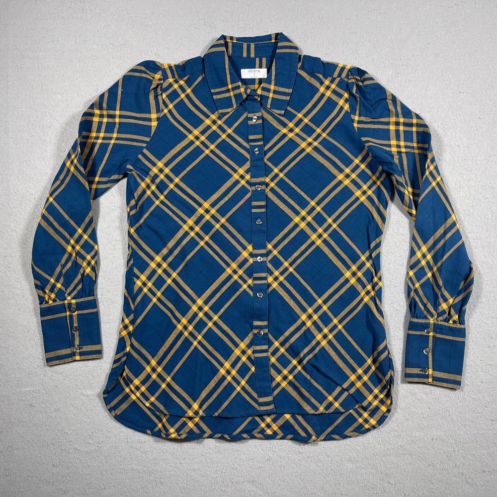 Untuckit Plaid Button Down Women Size 4 Slim Fit Blue Yellow Casual Preppy Style